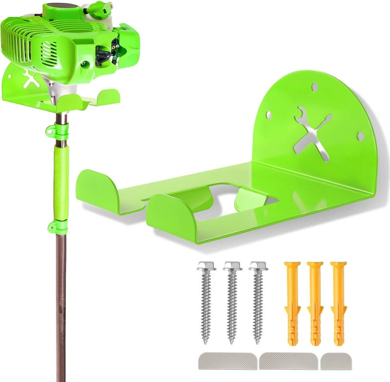 iulrtba Upgraded Trimmer Rack Wall Mount - 8" Heavy Duty Weed Eater Hanger for Garage Wall Bracket, Garden Power Tool Holder Organizer Hooks for Grass Trimmer, Hedge Trimmer, Leaf Blower and Chainsaw, Green - Image 1